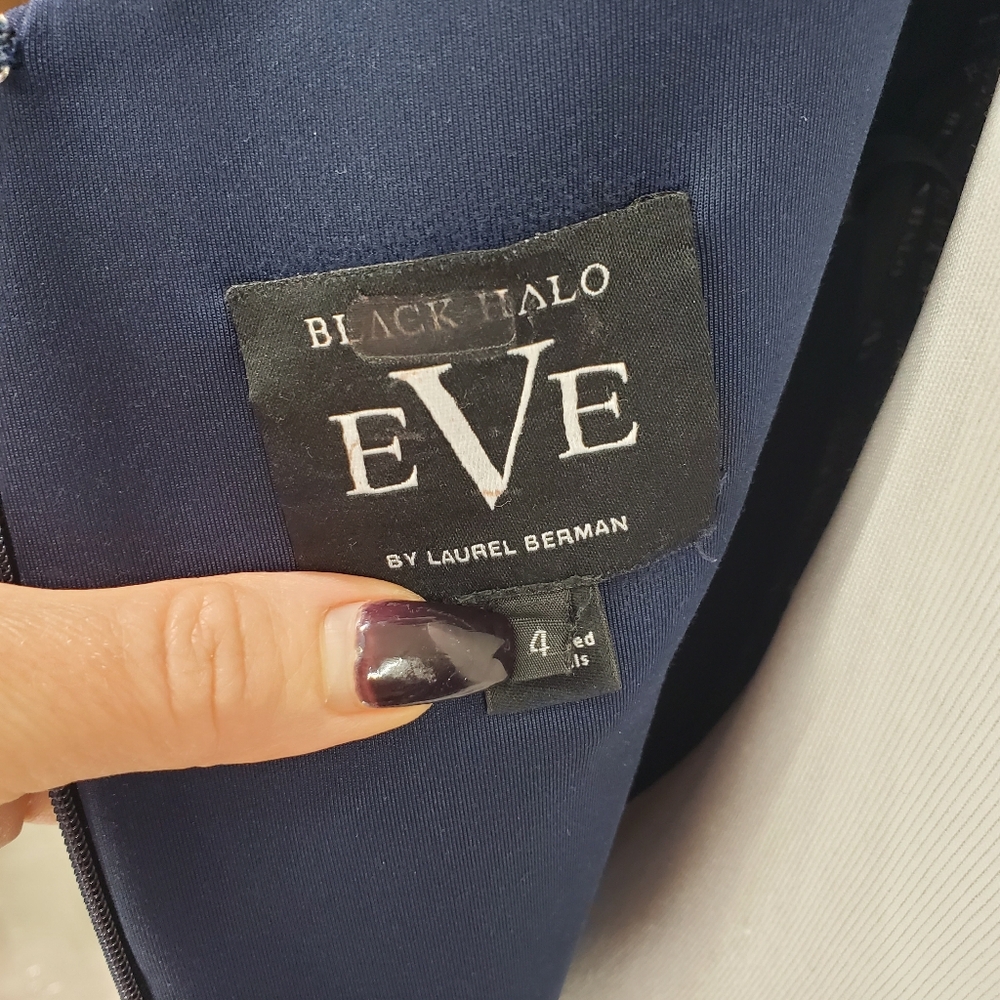 Black Halo Midnight Padma Gown Slit Front Navy Dress with Ruffle Wedding Formal - Picture 11 of 14
